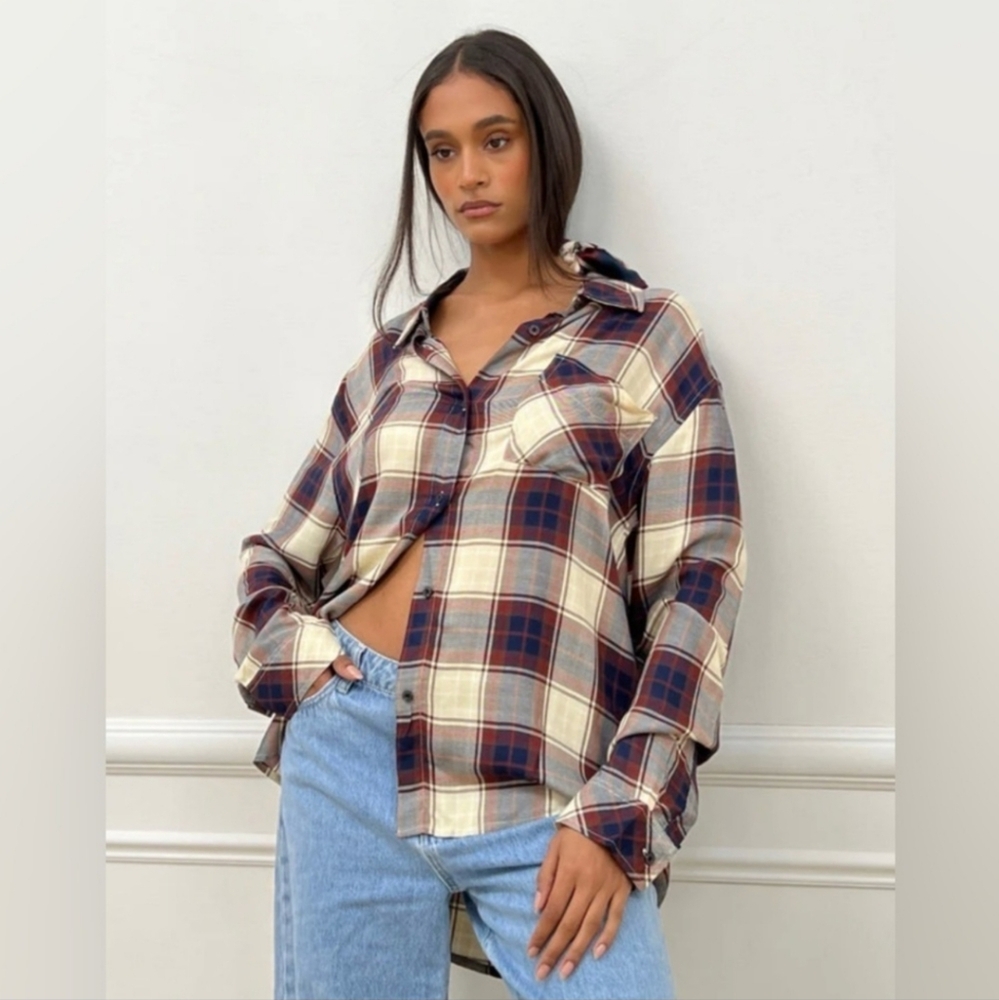 NWT WeWoreWhat XXS/XS Plaid Boyfriend Shirt Ecru/Navy/Burgundy Flannel 3039-Bm